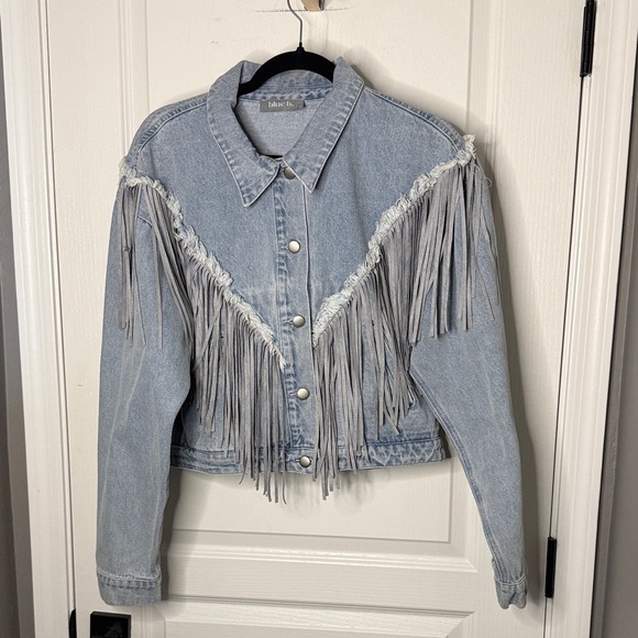 blue b Jackets & Blazers - Stylish Denim Jacket with Fringe Accents